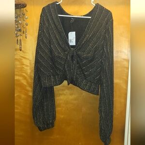 Forever 21 Metallic Black and Gold striped tie front Top 4x
